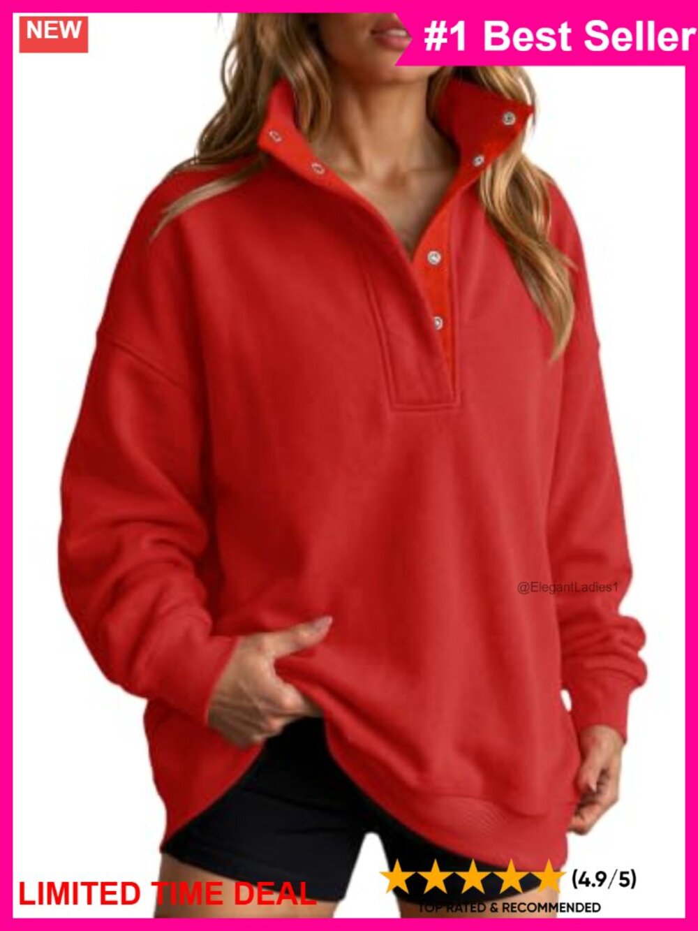 Oversized Button Mock Neck Pullover Sweatshirt Cotton Blend Women